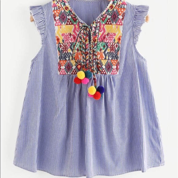 Shein Boho Pom Pom Tie Festive Seersucker Blouse - Picture 13 of 16